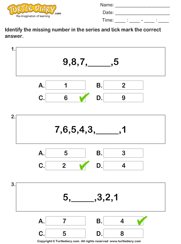 Find The Missing Numbers To Complete The Series Worksheet Turtle Diary