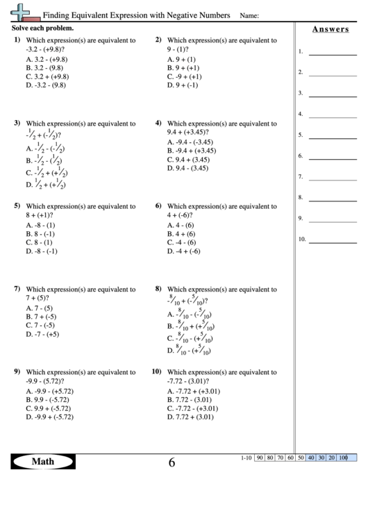 Finding Equivalent Expression With Negative Numbers Math Worksheet 