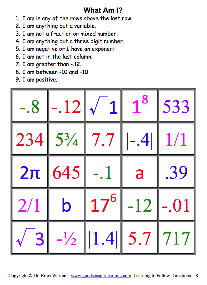 Following Directions Real Numbers Math Vocabulary Real Numbers 