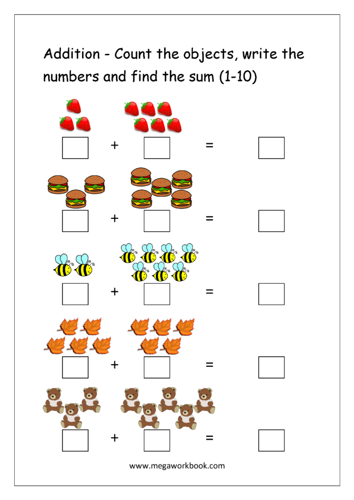 Free Printable Number Addition Worksheets 1 10 For Kindergarten And 