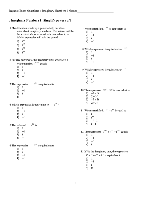 Imaginary Numbers Simplifying Powers Of I Worksheet Printable Pdf 