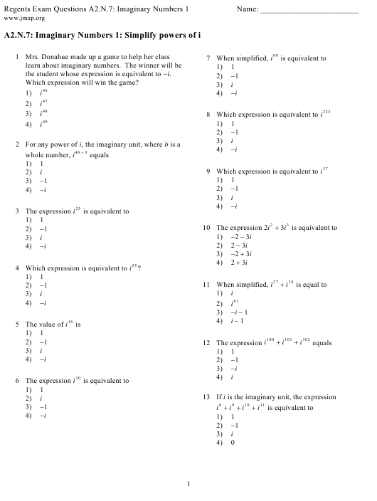 Imaginary Numbers Worksheet With Answer Key Download Printable PDF 