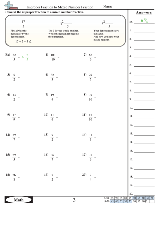 Improper Fraction To Mixed Number Fraction Worksheet With Answer Key
