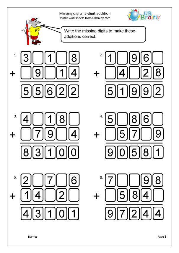 Missing Digits 5 digit Addition Addition In Year 5 age 9 10 By 