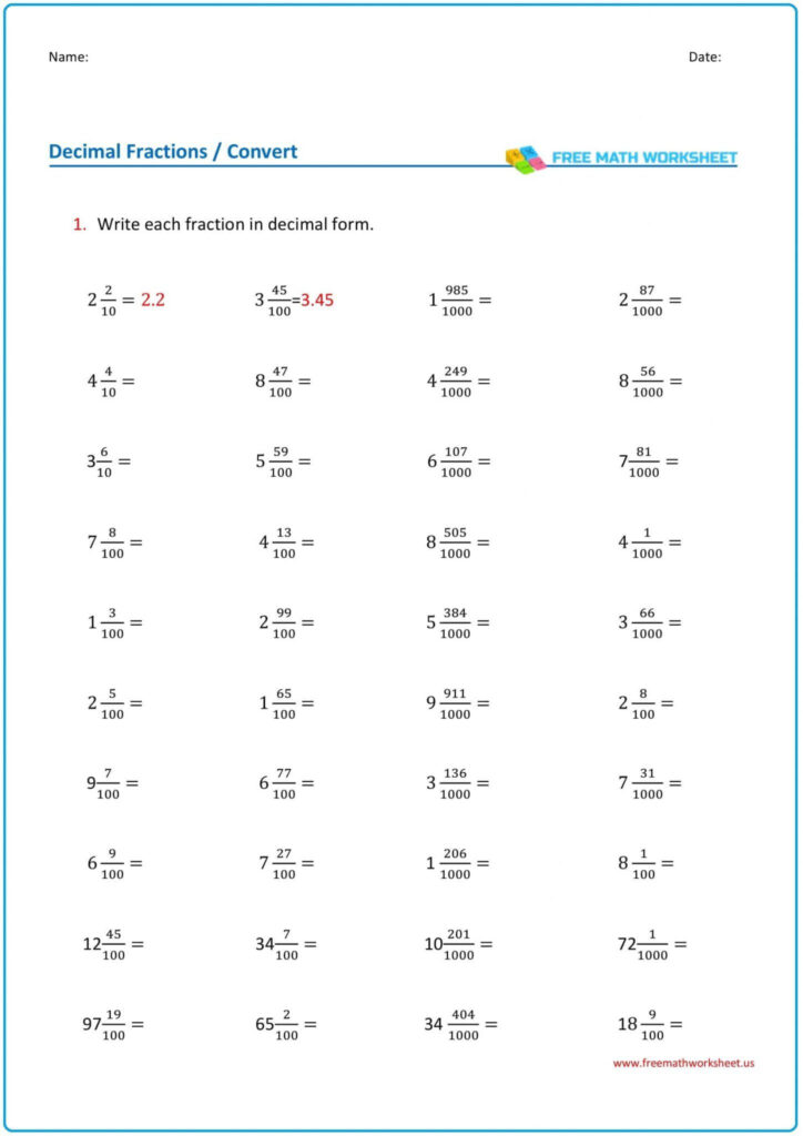 Mixed Fractions To Decimal Free Math Worksheets Fraction To Decimal 