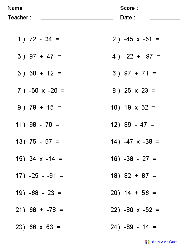 Mixed Problems Negative Numbers Worksheets Primaria Matematicas Suma 