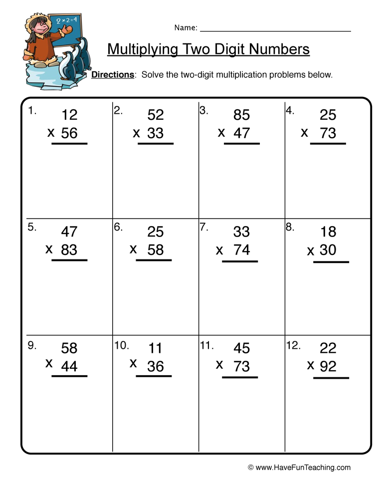 Multiplication Two Digit By Two Digit Worksheet 2 Digit By 