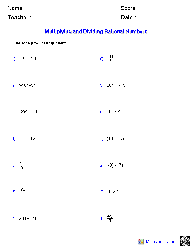 Multiplying And Dividing Rational Numbers Worksheets Dividing 