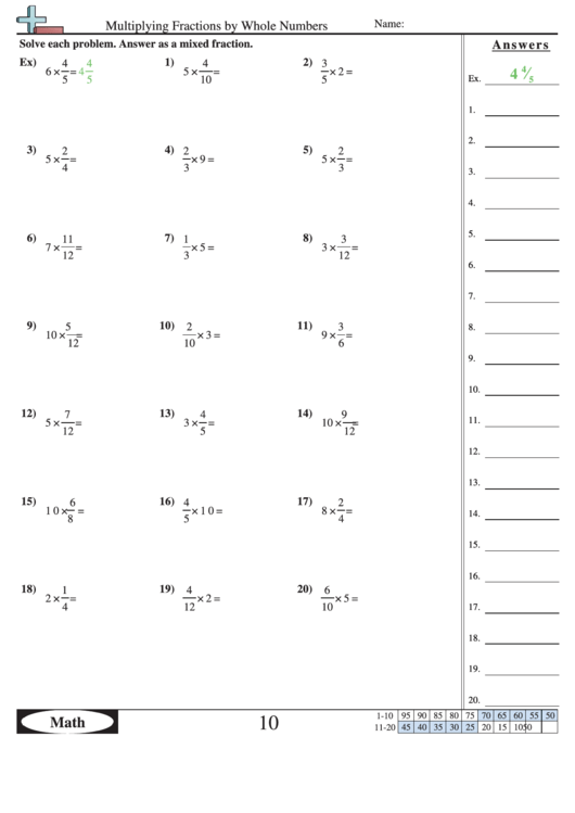 Multiplying Fractions By Whole Numbers Worksheet With Answer Key 