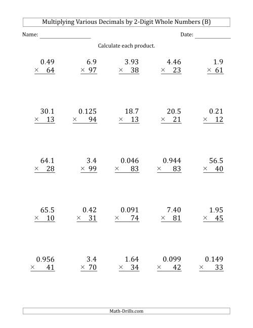Multiplying Various Decimals By 2 Digit Whole Numbers B