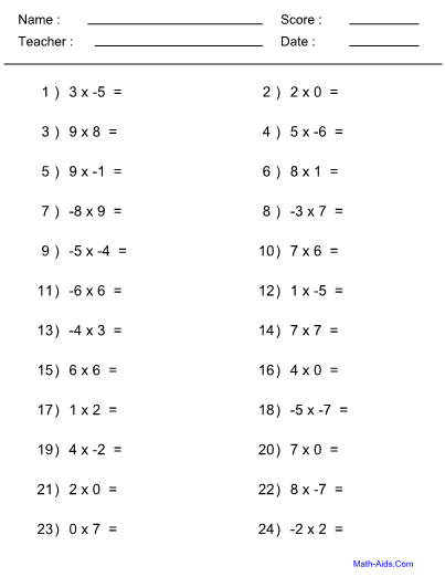 Negative Number Multiplication Worksheet