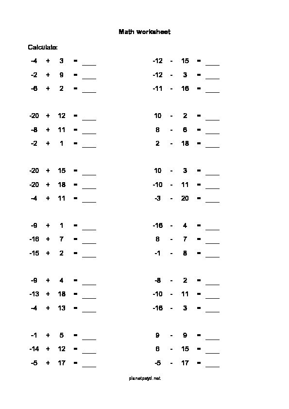 Negative Numbers Easy Worksheet Planetpsyd