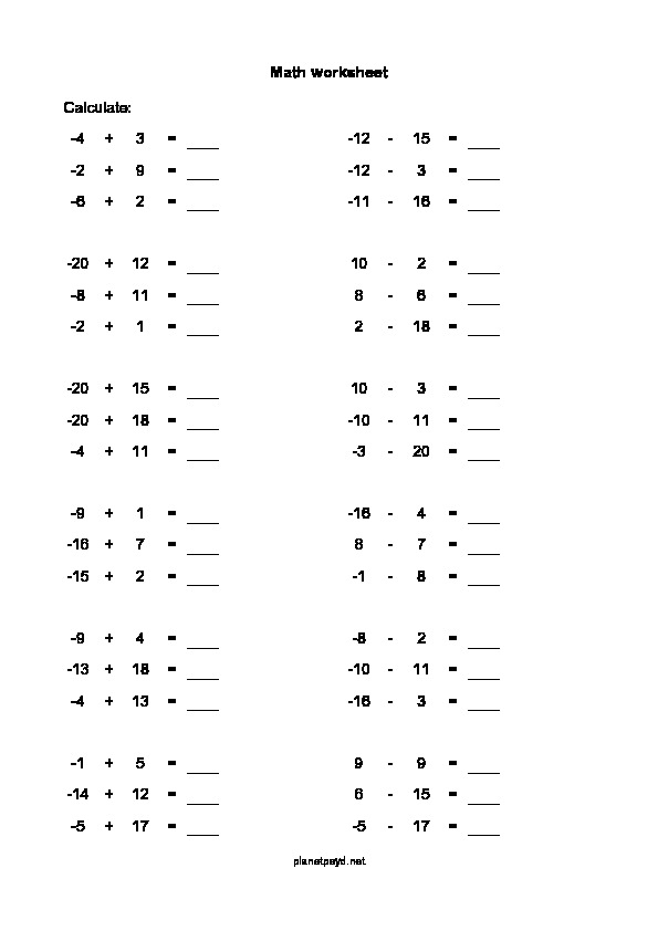 Negative Numbers Easy Worksheet Planetpsyd