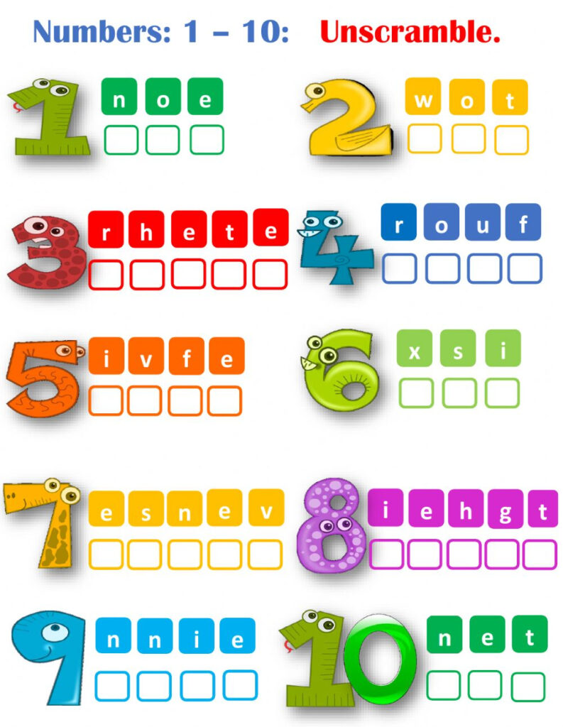 Numbers 1 10 Unscramble Worksheet