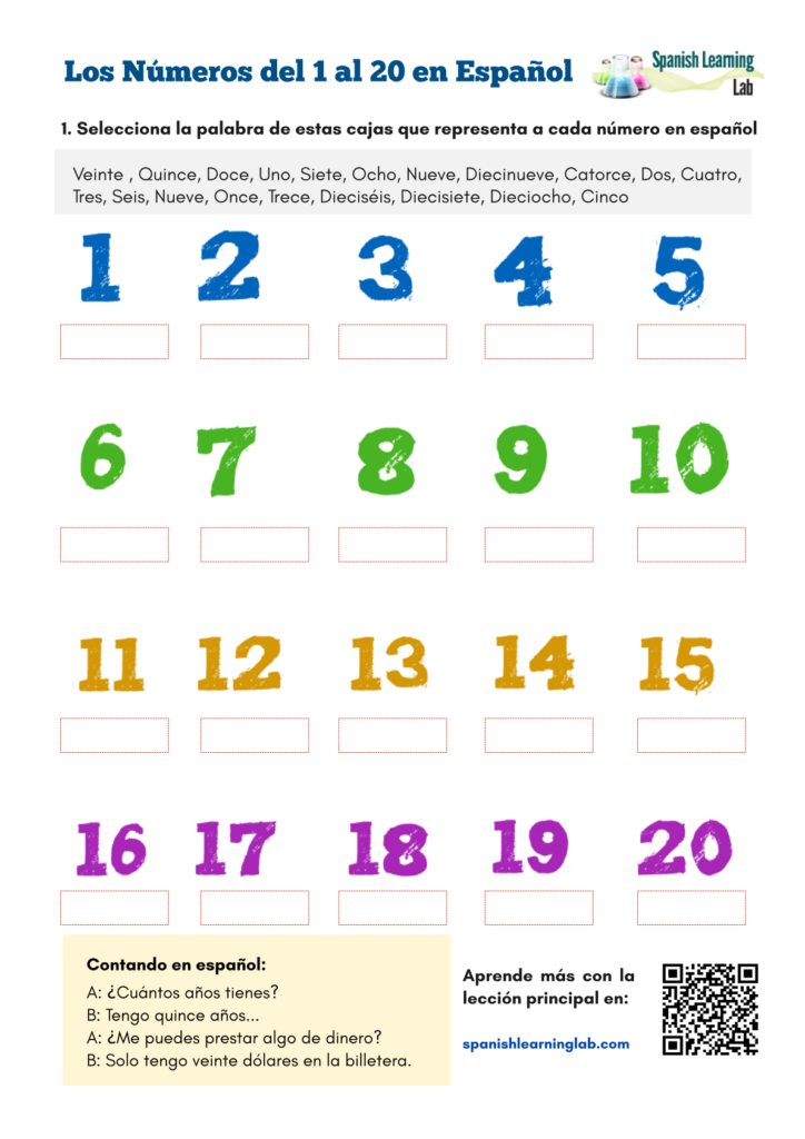 Numbers In Spanish From 1 To 20 PDF Worksheet SpanishLearningLab