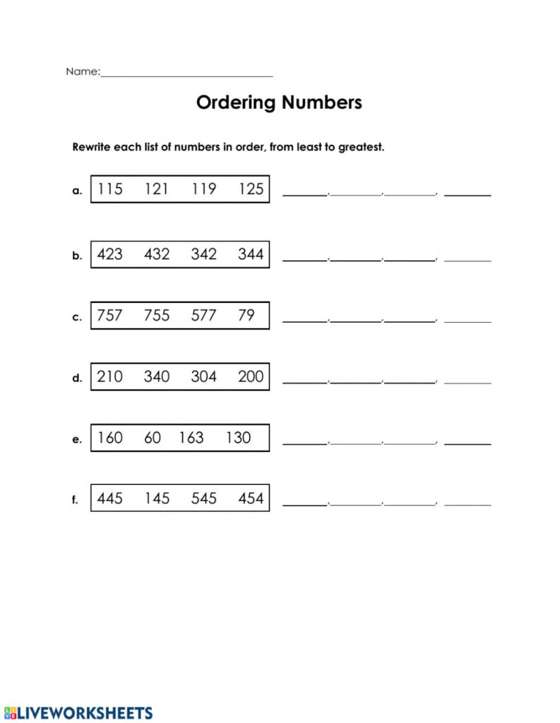 Ordering Numbers 3 Digit Interactive Worksheet