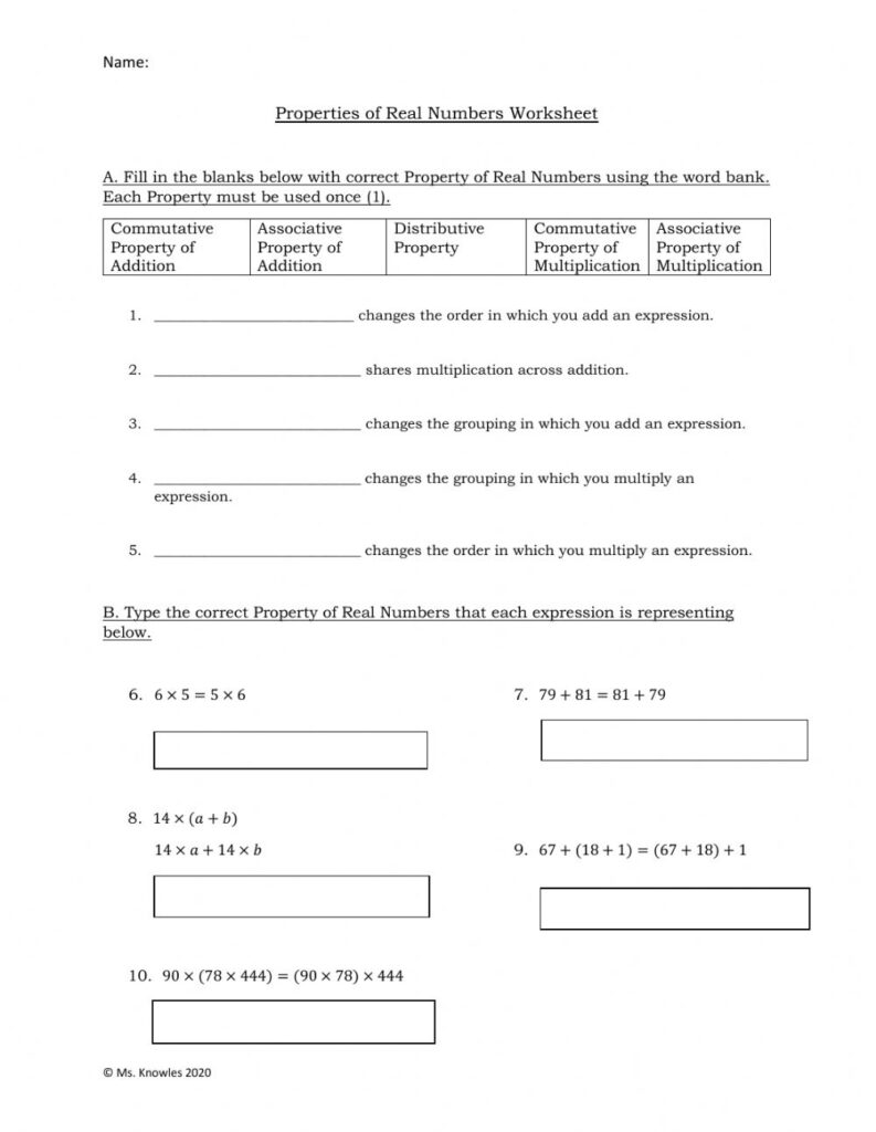 Properties Of Real Numbers Worksheet