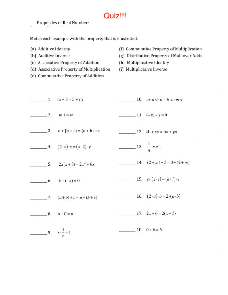 Quiz Properties Of Real Numbers Worksheet