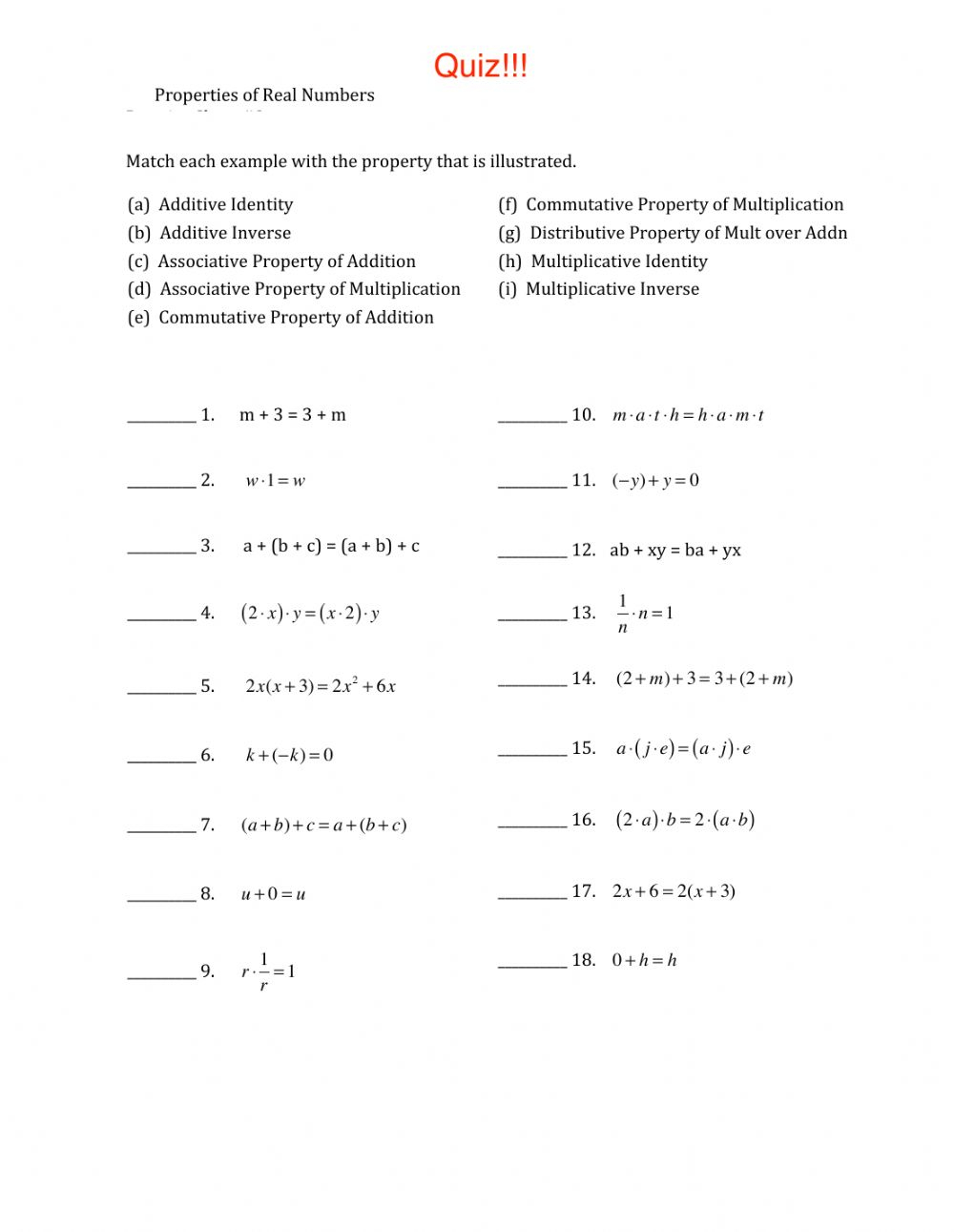 Properties Of Numbers Worksheet