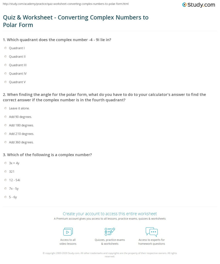 Quiz Worksheet Converting Complex Numbers To Polar Form Study