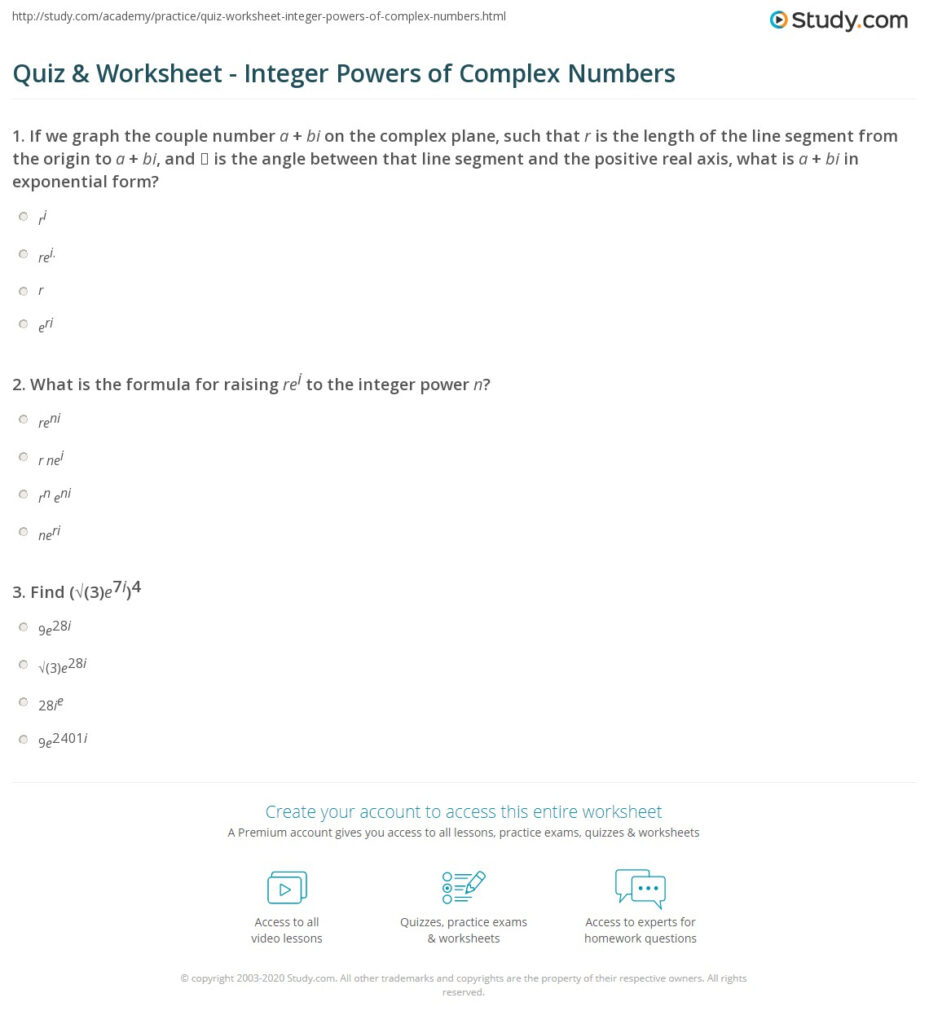 Quiz Worksheet Integer Powers Of Complex Numbers Study