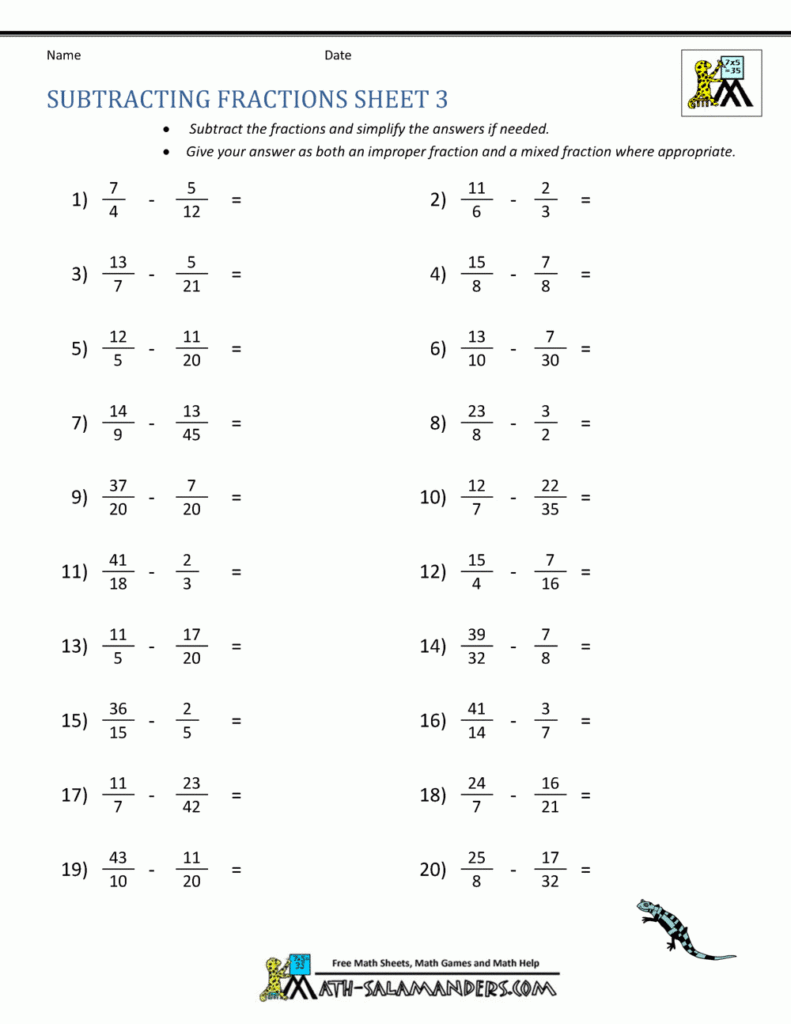 Subtracting Fractions With Unlike Denominators Worksheet Answers 
