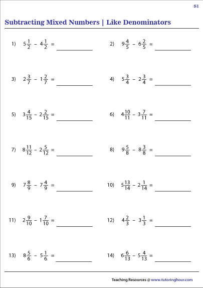Subtracting Mixed Numbers With Like Denominators Worksheets