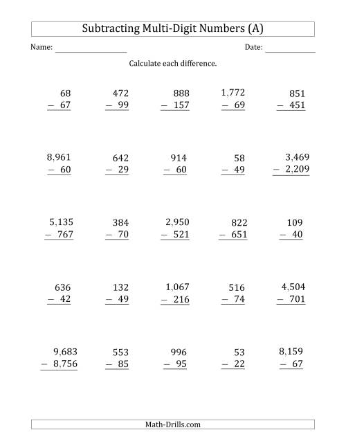 Subtracting Various Multi Digit Numbers From 2 To 4 Digits With Comma 