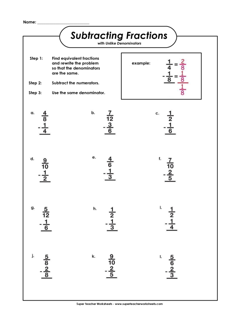 Super Teacher Worksheets Subtracting Mixed Numbers With Different 