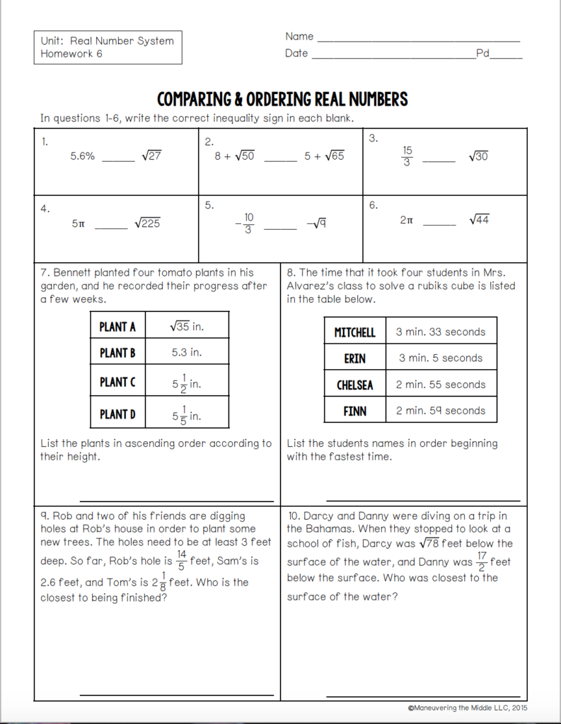 Unit 1 Lesson 6 Homework Comparing And Ordering Real Numbers Josh