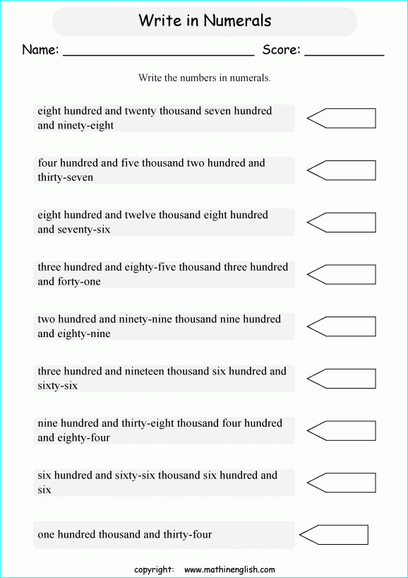 Write Numerals Up To 1 Million Given The Number Words Grade 5 Number 