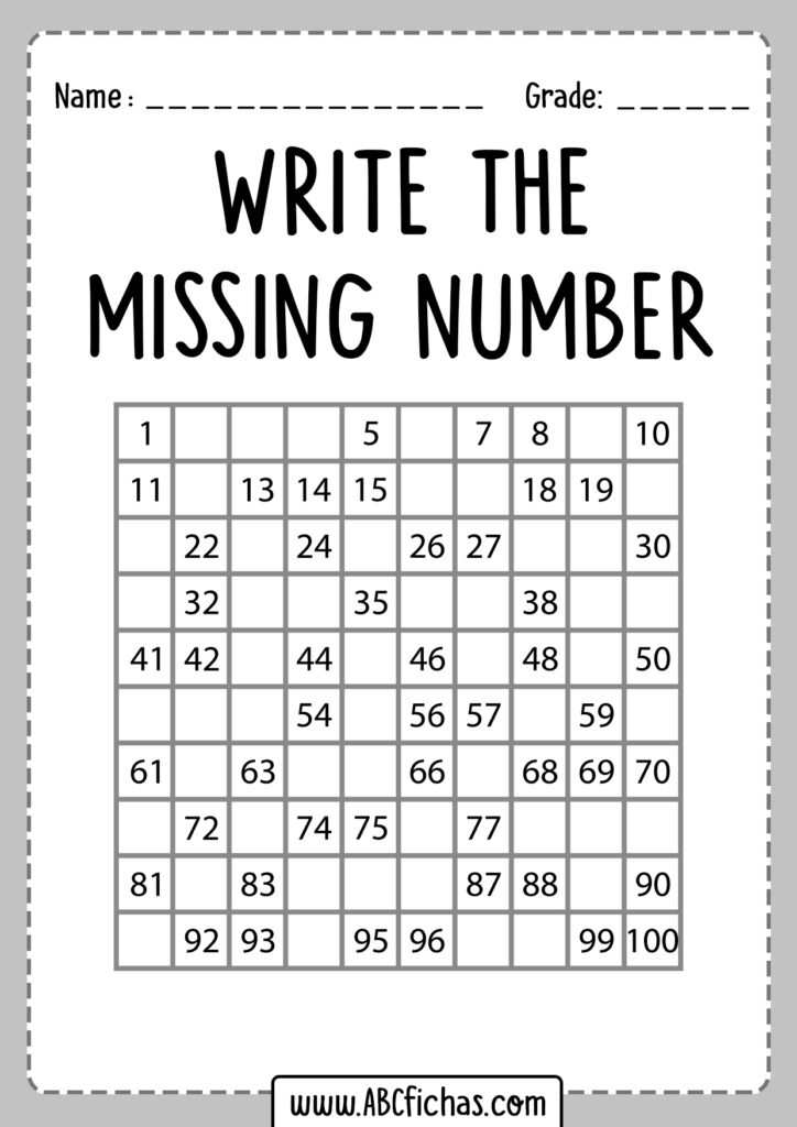 Write The Missing Number 1 100 ABC Fichas
