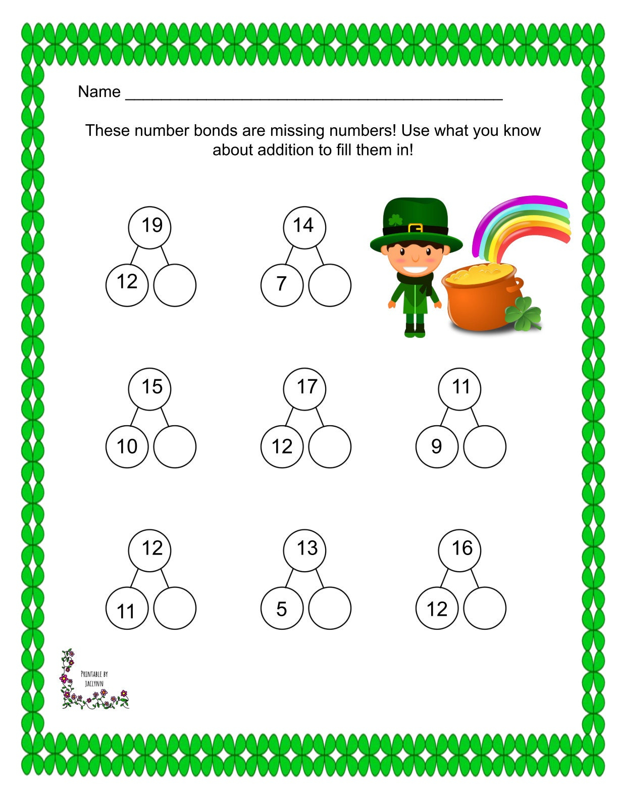 10 St Patrick s Day Themed Printable Number Bond Worksheets Single Double Digits Preschool 2nd Grade Math Etsy