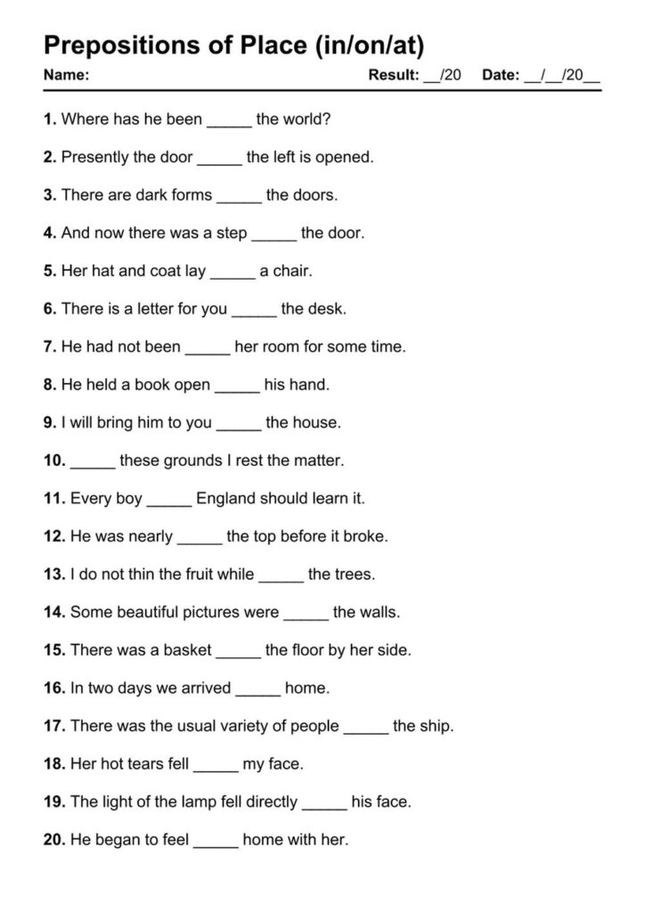 101 Prepositions Of Place PDF Worksheets With Answers Grammarism