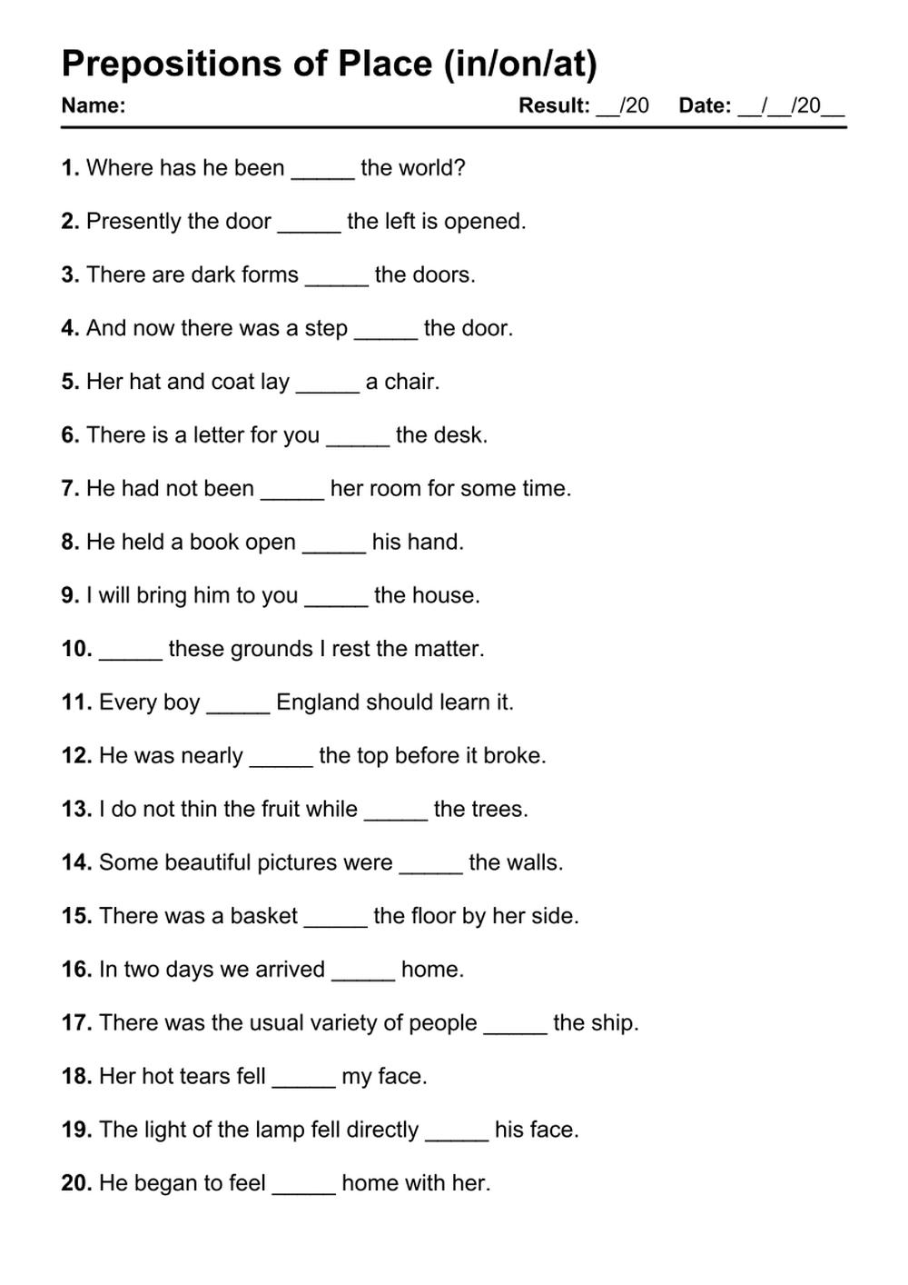 101 Prepositions Of Place PDF Worksheets With Answers Grammarism