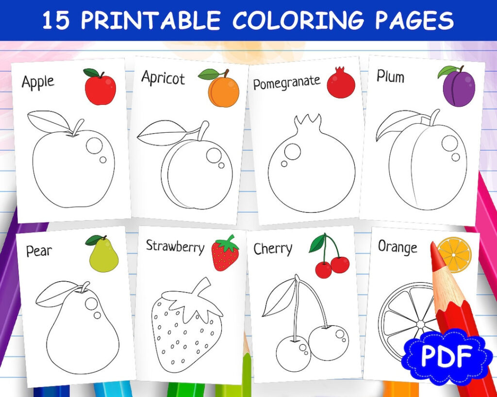 15 Fruits Coloring Pages Fruit Coloring Pages Fruit Coloring Book For Kids Printable Coloring Pages Coloring Worksheet Instant Download Etsy