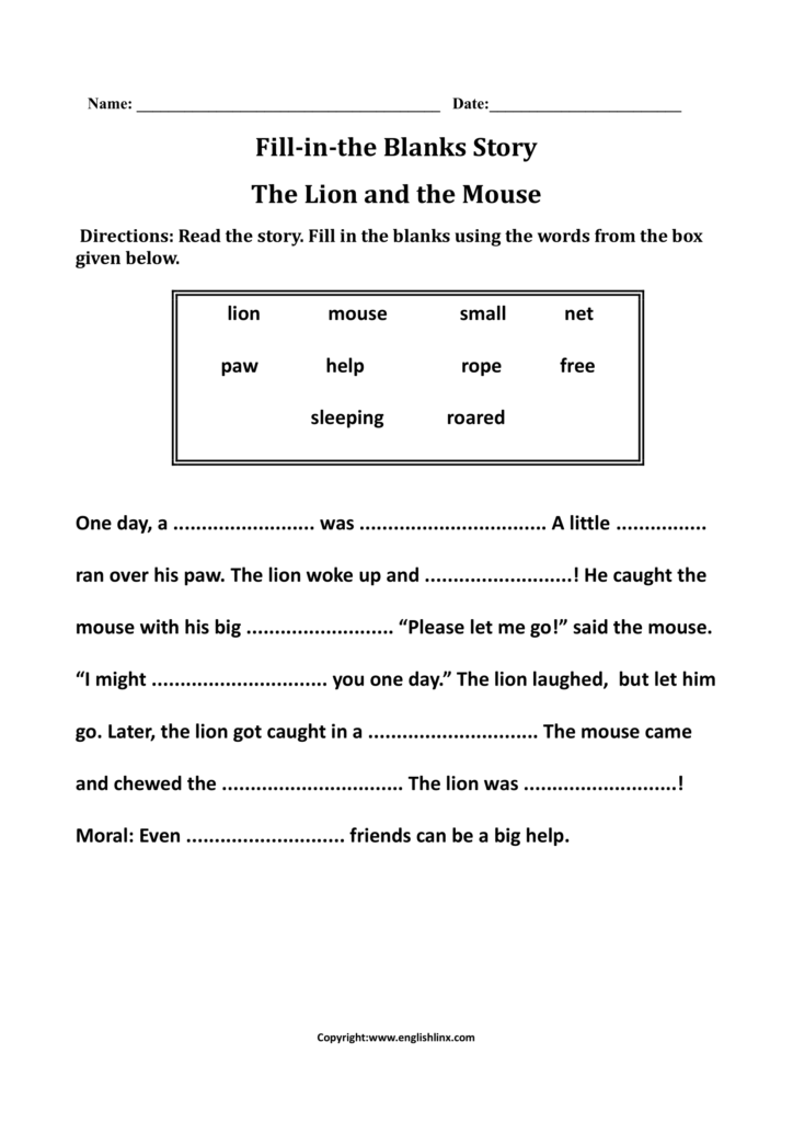 1st Grade Writing Worksheets The Lion And The Mouse Fill in the Blanks Worksheet