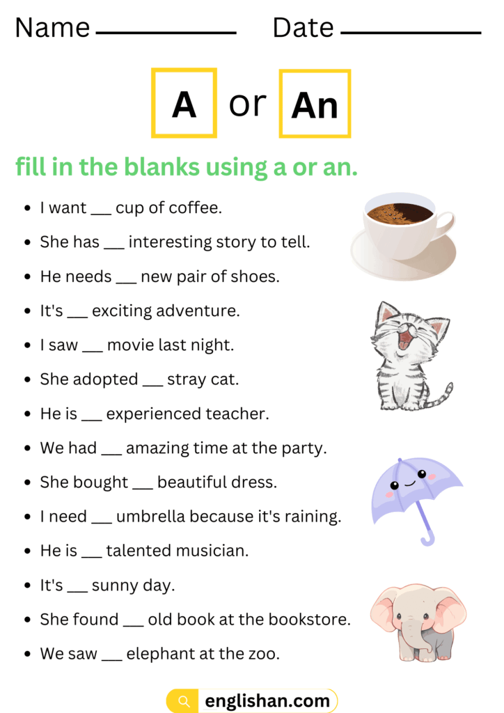3 A Or An Worksheets With Answers In English Englishan