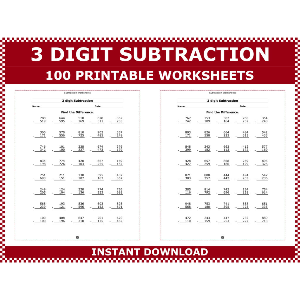 3 digit Subtraction Worksheets 100 Printable Pages PDF Pattern Etsy New Zealand