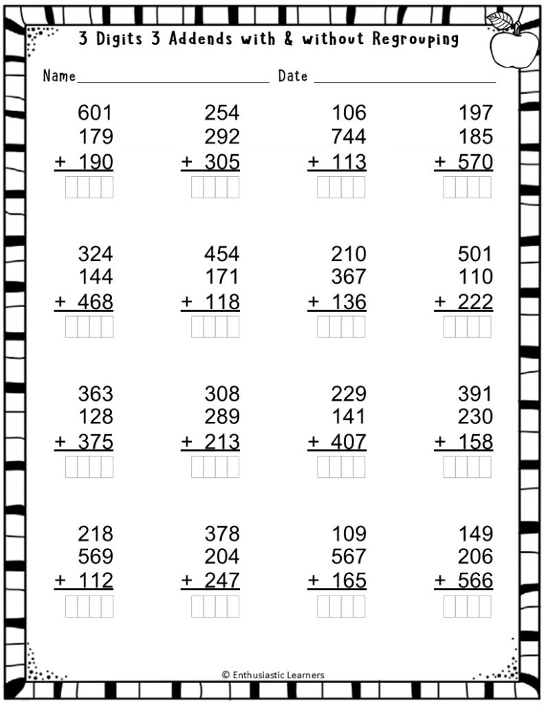 3 Digits Addition With 3 Addends With Without Regrouping Worksheets Math Problems Teaching Resources
