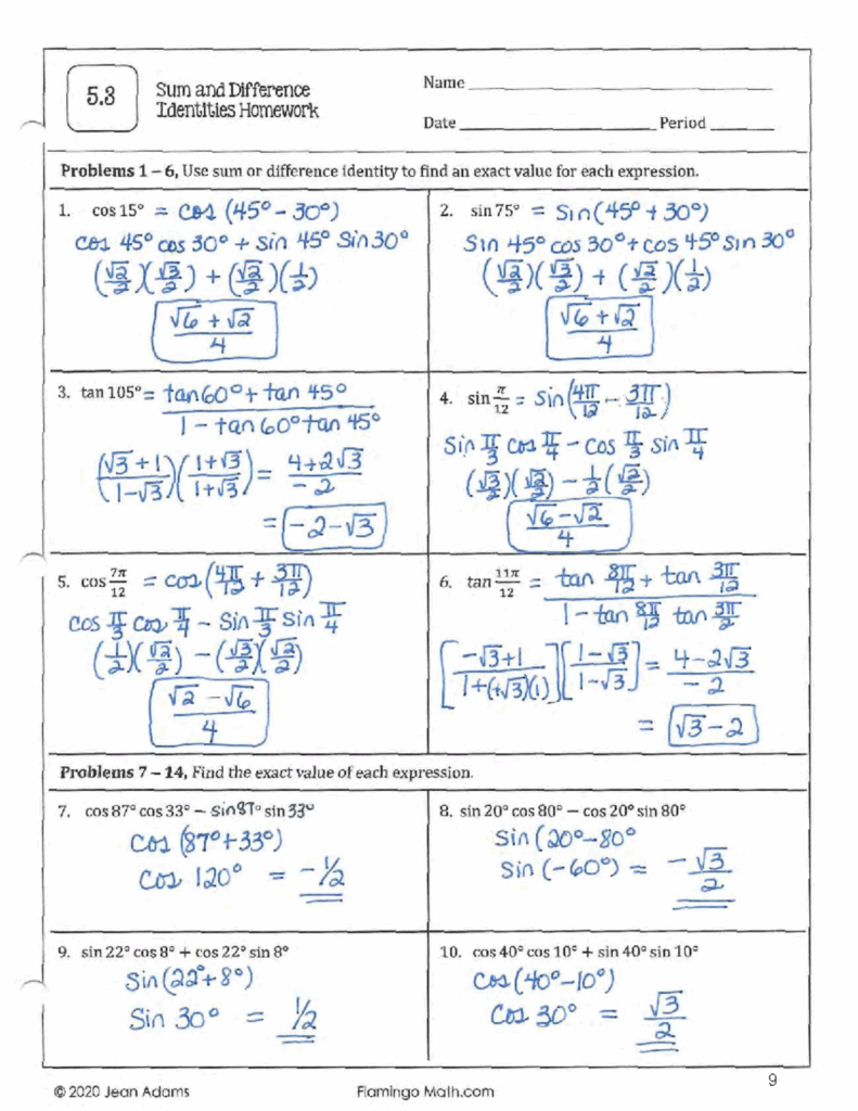 5 3 Sum And Difference Identities Homework Problems Solutions Studocu