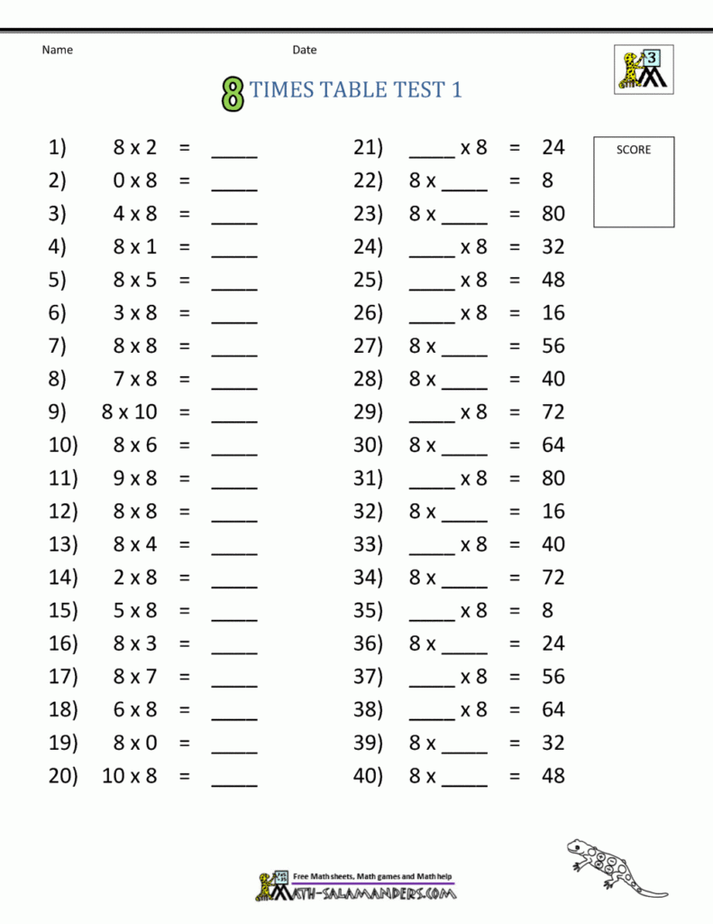 8 Times Table Worksheet Page