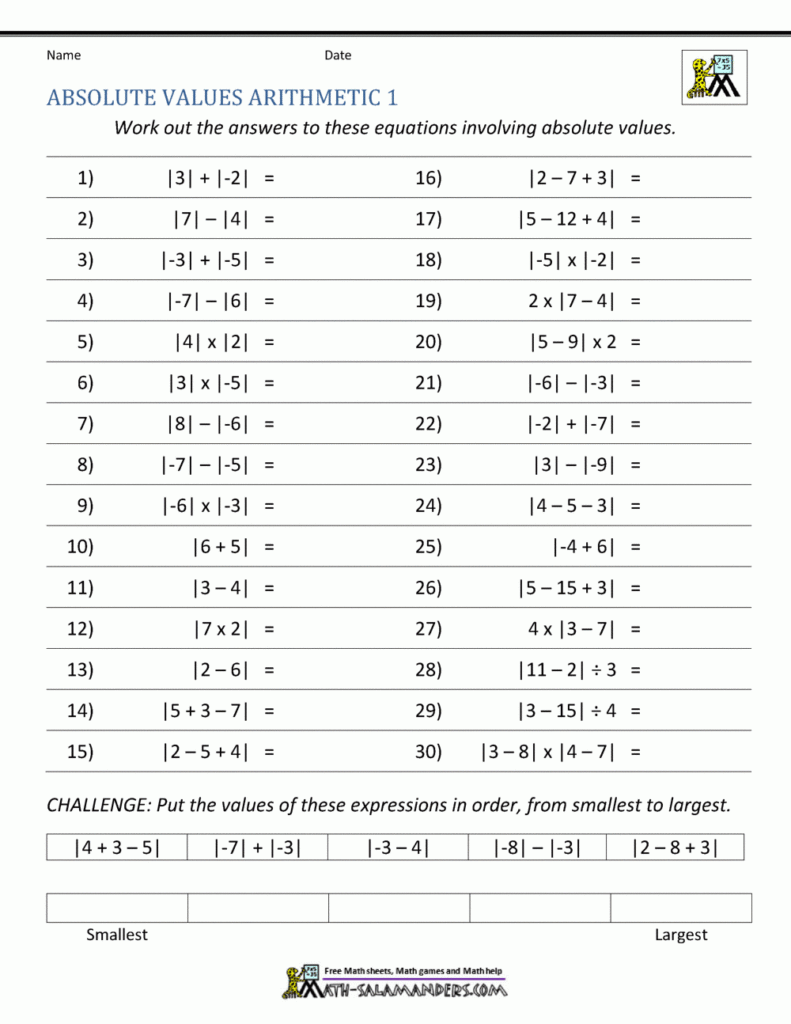 Absolute Value Worksheets