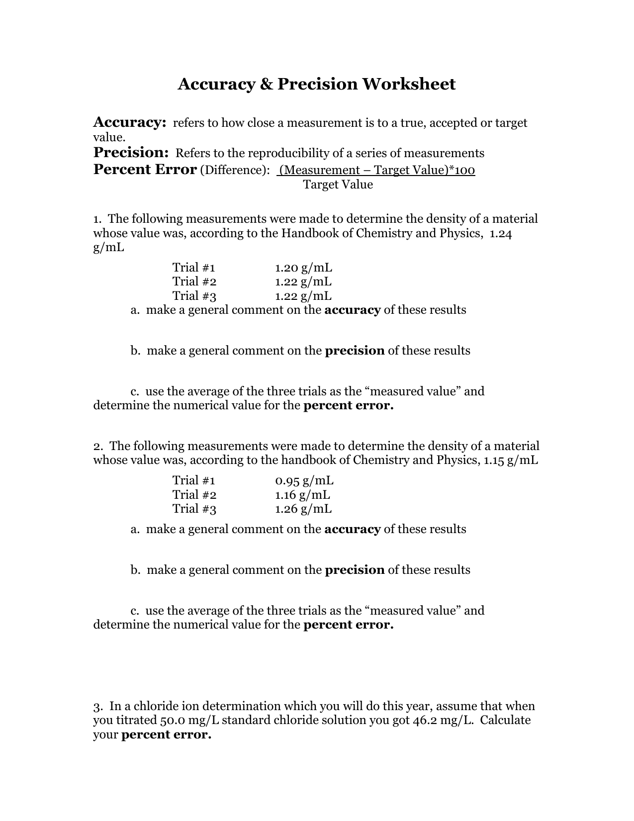 Accuracy Precision Worksheet Chemistry Practice