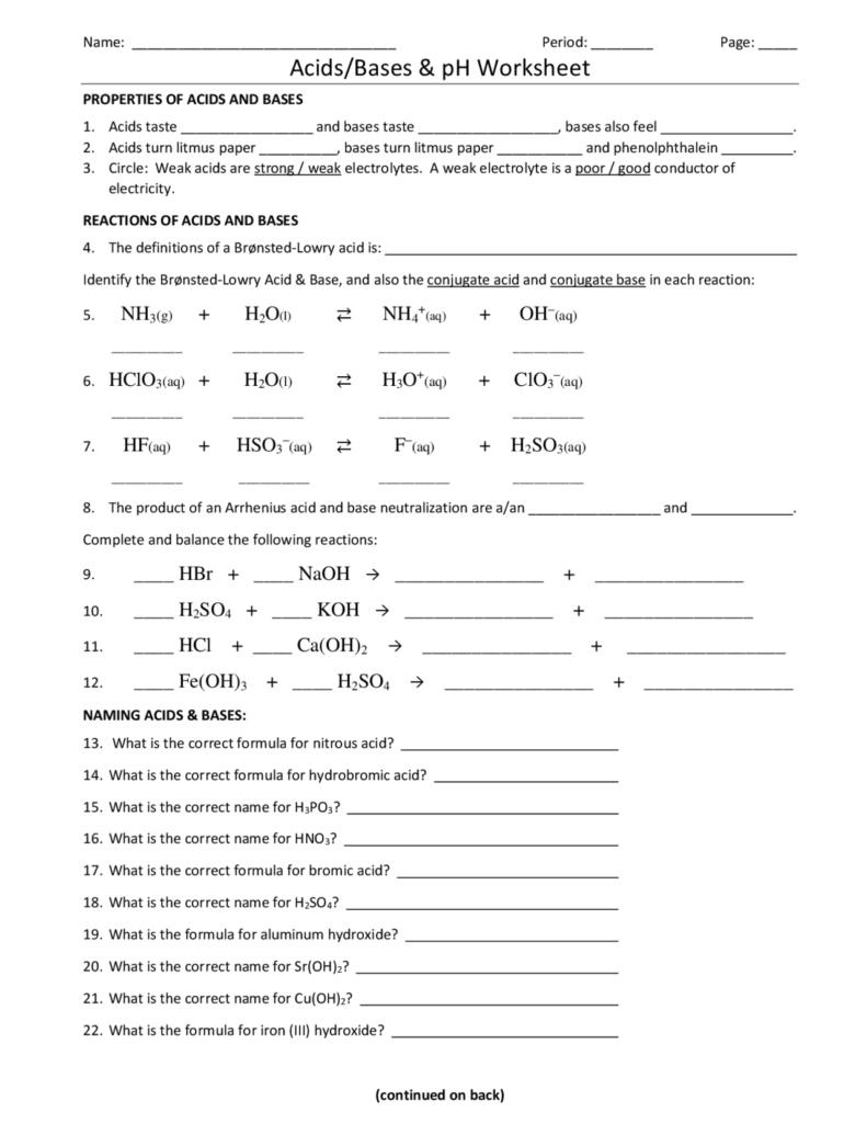 Acids Bases And PH Worksheet Practice Problems Exercises Worksheets Library