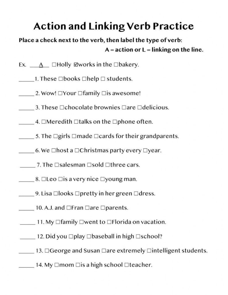 Action Or Linking Verb Worksheet Worksheets Library
