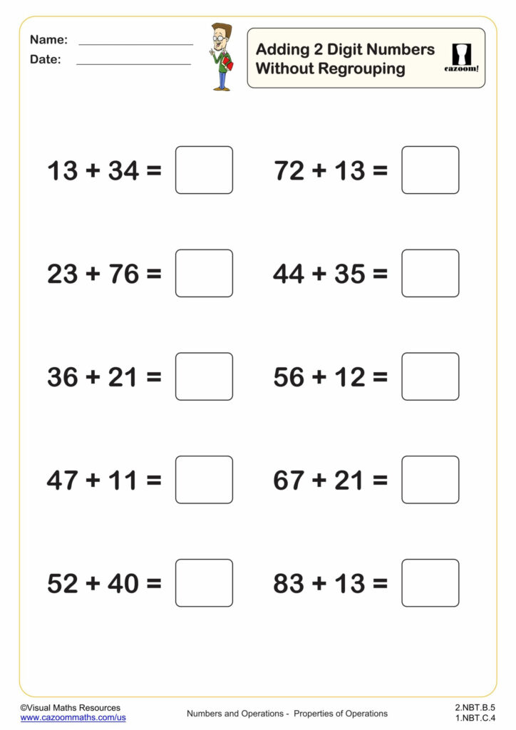 Adding 2 Digit Numbers Without Regrouping 10 Questions 2nd Grade PDF Addition Worksheets Cazoom Math