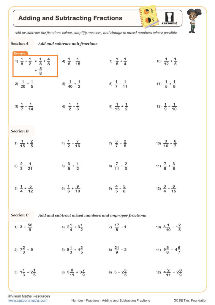Adding And Subtracting Fractions Worksheet Printable Maths Worksheets