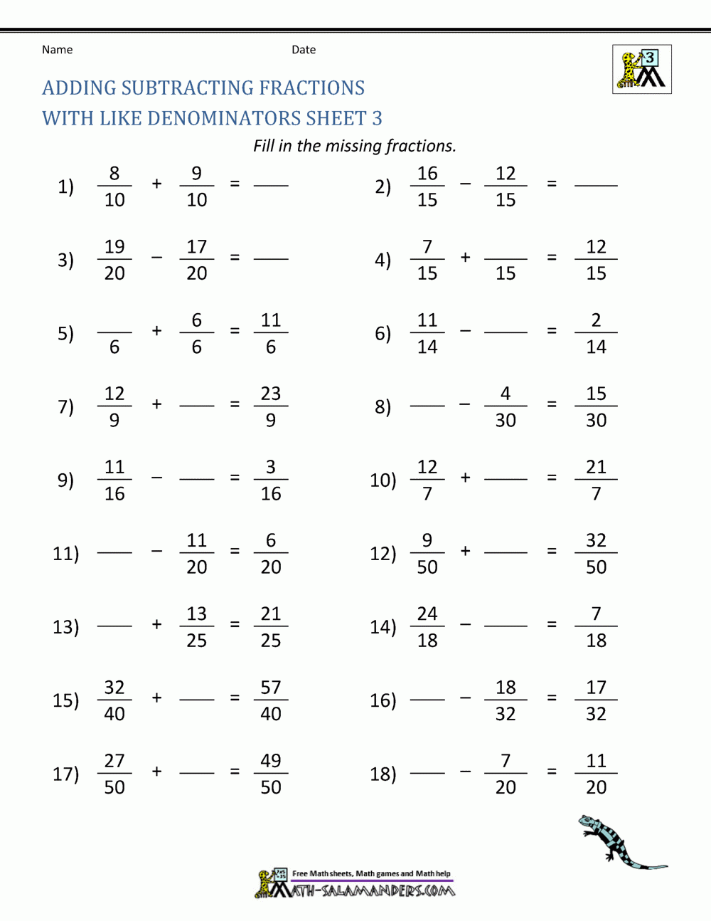 Adding Fractions With Like Denominators Worksheets