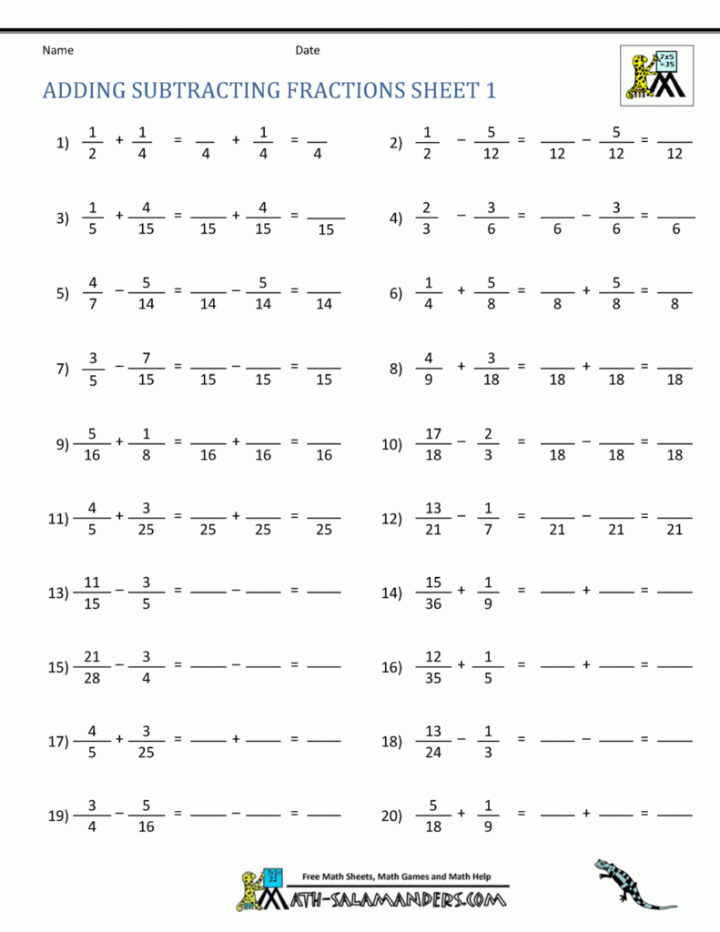 Adding Subtracting Fractions Worksheets